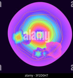 The artwork displays a vibrant, concentric vortex made of glowing rainbow colors and liquid blobs. Motion lines swirl over the design, creating a hypn Stock Vector
