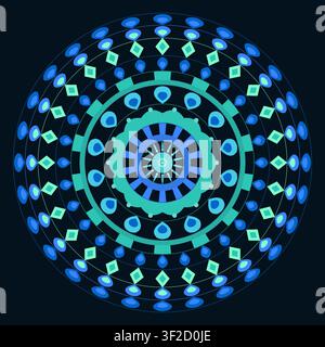 The design features a decorative mandala formed by concentric rings of floral shapes, dots, and geometric elements. It has a dark background that high Stock Vector