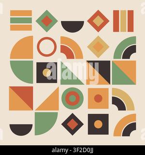 This design features a geometric composition of shapes including circles, triangles, and rectangles on a paper-toned background. Stock Vector