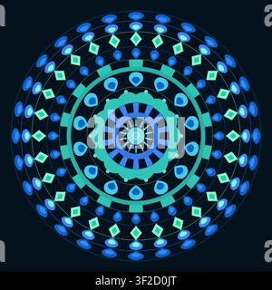 The design features a decorative mandala formed by concentric rings of floral shapes, dots, and geometric elements. It has a dark background that high Stock Vector