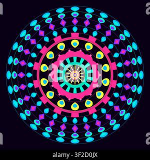 This design features a symmetrical mandala composed of concentric rings of petals, drops, and shapes radiating from a central flower-star core. The vi Stock Vector