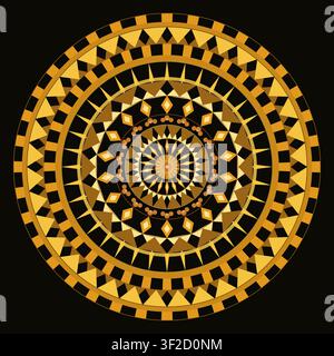 This design features a decorative mandala with concentric rings of petals, rays, and dots. The illustration uses flat color on a deep black background Stock Vector
