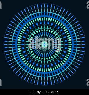 This artwork features a decorative mandala composed of concentric rings of petals, rays, and dots, radiating from a central flower-star core. Stock Vector
