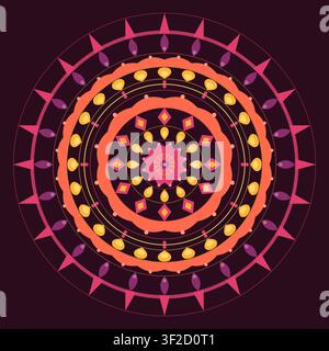 This artwork features a detailed mandala design with concentric rings of petals, rays, and dot wreaths radiating from a flower-star core, set against Stock Vector