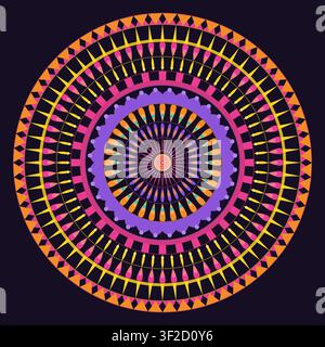 This design features a symmetric mandala composed of concentric rings of petals, drops, and scallops, creating a colorful flower-star core against a d Stock Vector