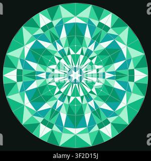 This artwork features a geometric mandala made of triangular shapes in teal and white colors. The composition showcases symmetry and circular design, Stock Vector