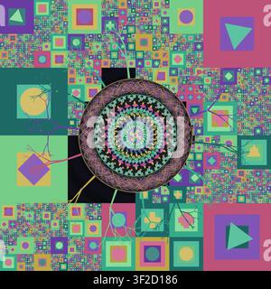 This artwork displays a complex abstract mandala at the center, surrounded by various geometric shapes and fractal elements. Stock Vector