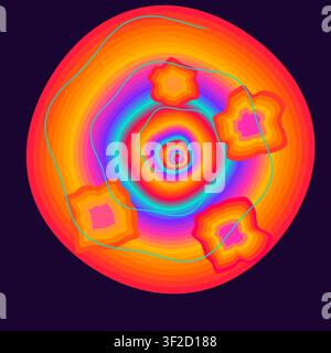 The design features a bold psychedelic swirl with glowing rainbow bands and liquid blobs. A swirling spiral of motion lines enhances the hypnotic effe Stock Vector
