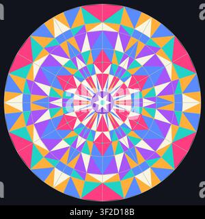 This illustration features a circular mandala design created with triangles and stars. The vibrant colors include pink, blue, green, and yellow, arran Stock Vector