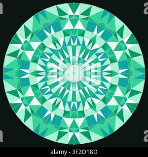 A geometric mandala created with various shapes in shades of green and blue. The design features overlapping triangles and stars, forming a symmetrica Stock Vector