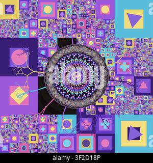 This artwork features a detailed abstract mandala at its center, surrounded by a variety of geometric shapes and fractal patterns. The composition use Stock Vector
