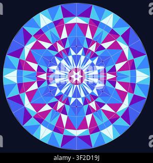 The illustration features a geometric mandala design composed of triangular shapes arranged in circular symmetry. The colors blue and purple dominate Stock Vector