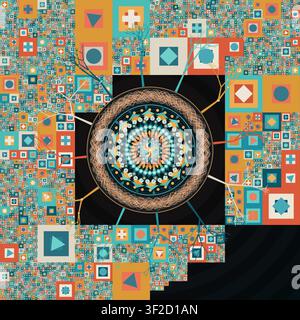 This design features a detailed abstract mandala at the center, surrounded by intricate geometric shapes and patterns. The composition displays a rich Stock Vector