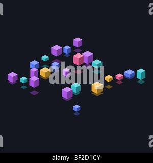 A collection of colorful cubes arranged in a pseudo-3D style. The cubes vary in size and color, creating a sense of depth and dimension against a dark Stock Vector
