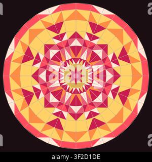 This design features a circular kaleidoscope pattern with symmetrical shapes in shades of red, pink, and yellow. The geometric composition creates a v Stock Vector