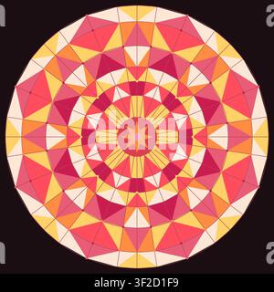 This artwork features a circular geometric mandala filled with colorful triangular shapes. The design uses vibrant colors like red, yellow, and orange Stock Vector