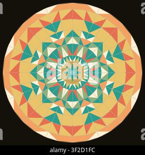 The artwork features a circular mandala composed of various geometric shapes in vibrant colors. The design uses triangles and stars to create an intri Stock Vector