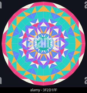 This design features a round, colorful geometric pattern with triangular shapes and vibrant colors. It creates a kaleidoscope effect suitable for vari Stock Vector