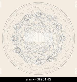 This artwork features a guilloche spirograph rosette created with fine interwoven line work. The design includes concentric bands and ornate patterns, Stock Vector