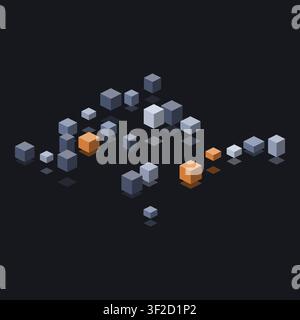 A collection of isometric cubes in various shades of gray and orange. The cubes are arranged in a pattern to create a sense of depth and dimension aga Stock Vector