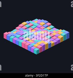 This artwork displays a pseudo-3D composition featuring isometric cube towers and colorful faceted shapes arranged in a modern layout. Stock Vector