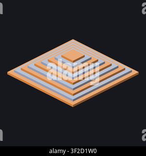 A pseudo-3D vector illustration shows stacked layers of flat, geometric shapes. The design features extruded forms creating a strong sense of depth an Stock Vector