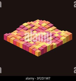 This vector artwork displays a vibrant arrangement of isometric cubes in a 3D layout. The cubes feature various shades of pink, orange, and yellow, cr Stock Vector