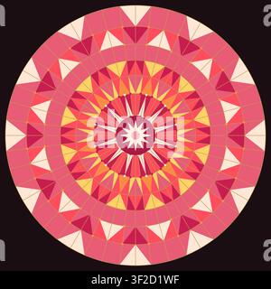 A circular design features a symmetrical mandala with triangular shapes and layers in warm colors of pink, orange, and cream. This detailed artwork is Stock Vector