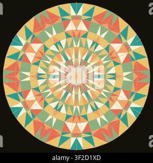 This vector illustration features a geometric mandala design with a mix of orange, green, and yellow shapes arranged in a circular pattern. It is suit Stock Vector