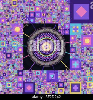A detailed and ornate abstract mandala at the center, featuring complex patterns, fractals, and recursive designs. The background consists of a colorf Stock Vector