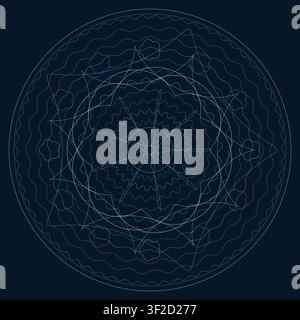 This illustration features a detailed rosette created from interwoven lines with geometric forms. It showcases concentric bands and a circular frame t Stock Vector