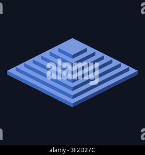 The design showcases an abstract isometric structure made of extruded stepped ziggurats and cubes, displayed with a strong depth illusion. The composi Stock Vector