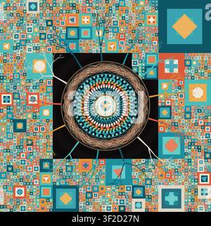 This artwork features a central mandala surrounded by various geometric shapes and patterns. The design showcases a recursive quadtree ornament field Stock Vector