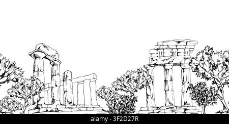 Ancient Greek or Roman temple ruins with olive trees, weathered columns, Mediterranean grove, stone remains. Seamless pencil landscape border, hand Stock Vector