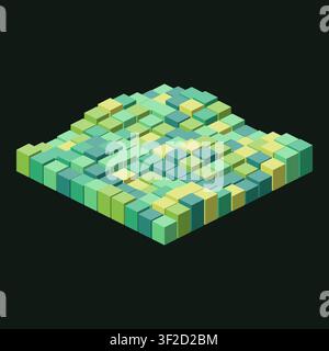 This artwork displays a pseudo-3D arrangement of cube towers and layered structures in various green shades. The design features depth illusion create Stock Vector