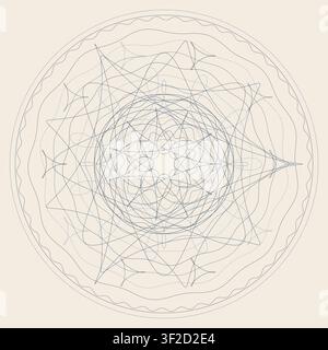 This design features a detailed guilloché spirograph rosette created with many thin lines. The pattern includes concentric bands and nested rosettes f Stock Vector