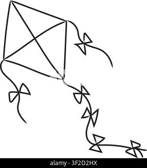 simple hand-drawn kite sketch with clean outlines, flying kite, one-line art drawing of outline, vector minimalist illustration, doodle art, cartoon Stock Vector