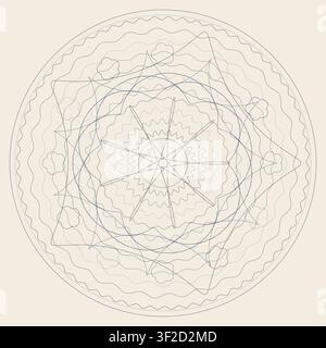 This design features a complex guilloche rosette with fine line work, formed from interwoven geometric patterns. Stock Vector