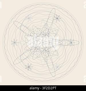 This vector illustration shows a complex guilloché rosette formed by thin overlapping lines. The design features concentric shapes and is suitable for Stock Vector