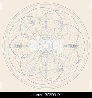 This artwork features a detailed guilloché rosette made from interwoven lines and curves. The design includes concentric bands and an ornamental frame Stock Vector