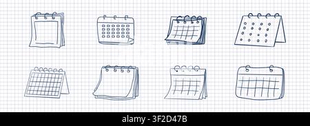 Calendar sketchy planner icon set doodle grid icon, hand drawn. Hanging desk line schedule. Reminder and calendar with a check. Vector illustration Stock Vector
