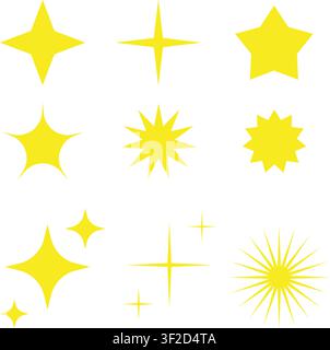 collection of sparkle stars, yellow stars in different shapes, stars clip art decoration, on white background, Yellow Sparkle and Star Clipart Stock Vector
