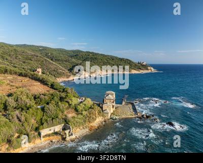 Aerial view of the rugged coastline with turquoise waters, rocky cliffs ...