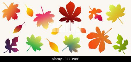 A set of autumn leaves on a light background with a colorful dotted texture. Vibrant autumn leaves rendered in yellow, orange, green, red, and pink au Stock Vector