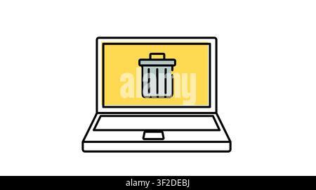 Laptop computer trash can icon: portable notebook displaying recycle bin and file delete symbol on screen, modern offset color line art vector illustr Stock Vector