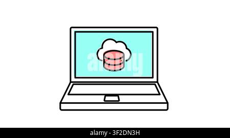 Laptop cloud database icon: portable notebook computer displaying cloud storage and database server symbol on screen, modern offset color line art vec Stock Vector