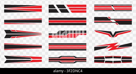 Sporty vehicle side longitudinal decal stripes bundle, racing car graphics in red and black colors Stock Vector