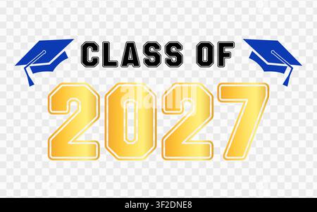 Class of 2027 graduation celebration badge with golden numbers and academic caps design Stock Vector