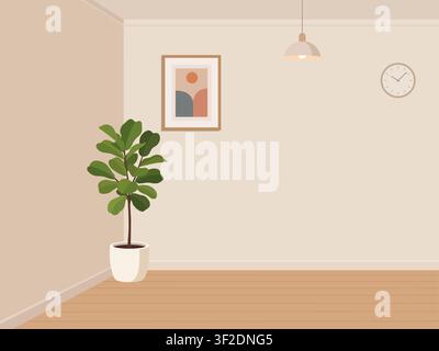 Modern Minimalist Room Interior With Wall Art Indoor Plant Pendant Light And Wall Clock Vector Illustration Stock Vector