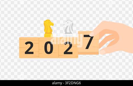 2027 year concept design with hand placing wooden block and chess knight pieces. Stock Vector